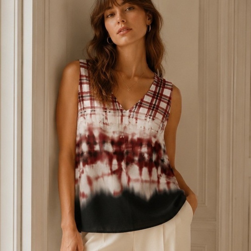 Altuzarra Red Checkered Silk‎ Tie Dye Tank Top Blouse Gradient Size Small